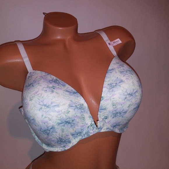 Victoria Secret Bra Set 36DDD Push Up Medium Thong Panty Blue White Floral New - Picture 4 of 11